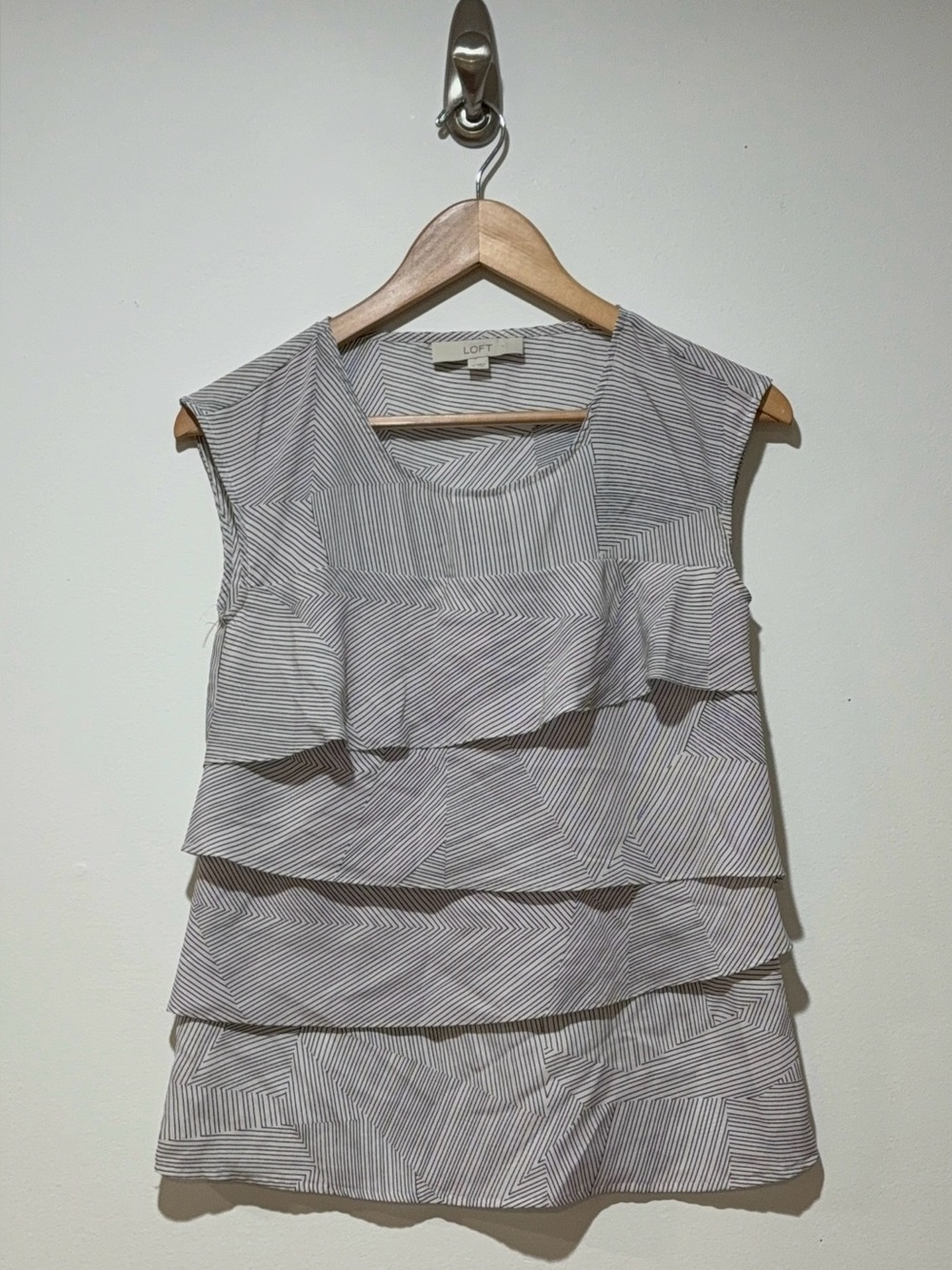 LOFT Black White Striped Tiered Ruffle Tank Top Sleeveless Asymmetric Blouse